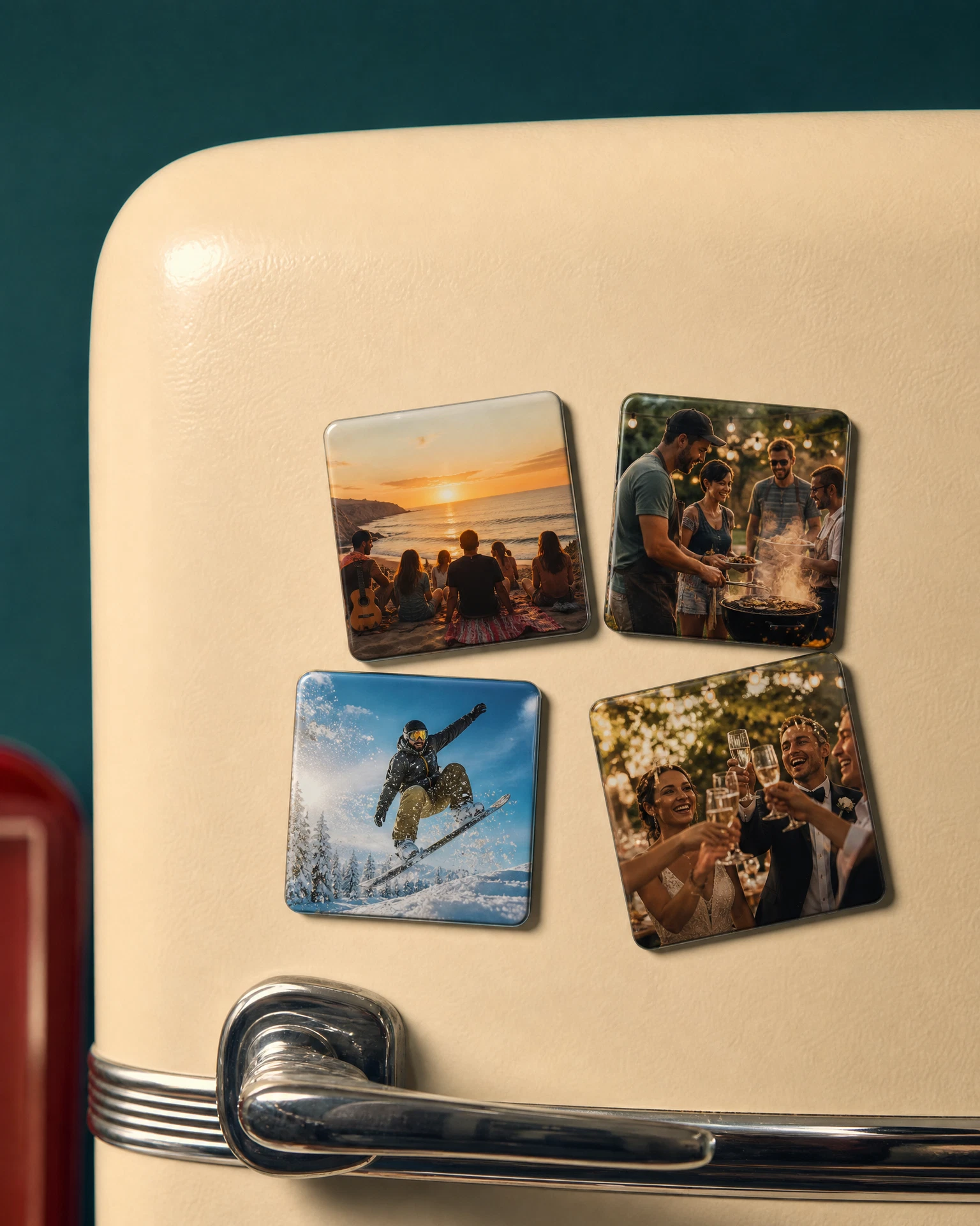 A collection of square photo magnets on a cream refrigerator